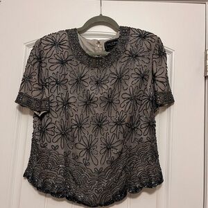 Cote d’Azur Grey Floral Beaded Blouse